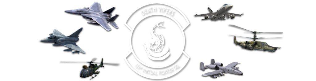 Insigne du 131st Death Vipers entouré de ses appareils : F-15, F/A-18, Mirage 2000, A-10, Ka-50, Gazelle